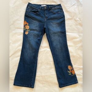 Royalty For Me Dark Blue bootcut Jeans with floral Orange Embroidery size 12